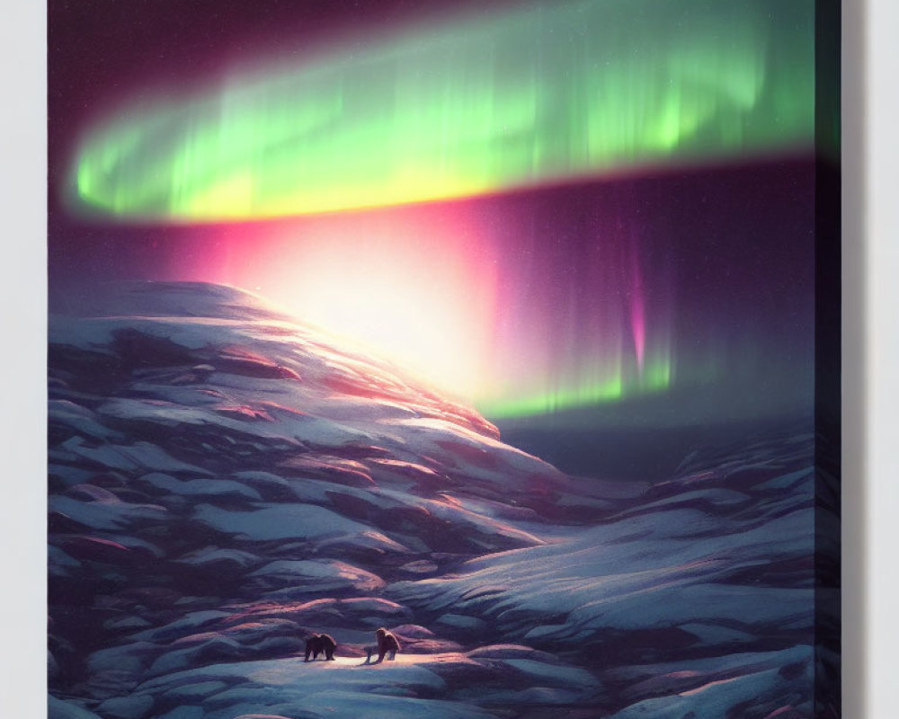 Polar bears under captivating aurora borealis in snowy twilight landscape