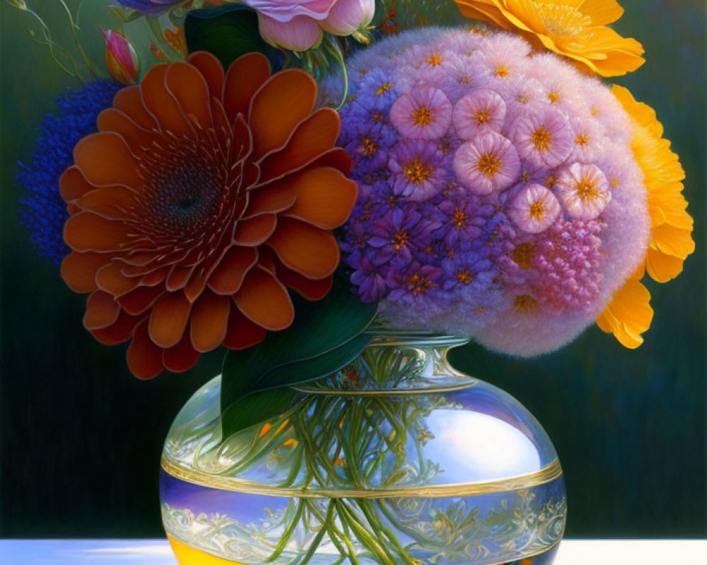 Vibrant flower bouquet in round vase with butterfly on surface