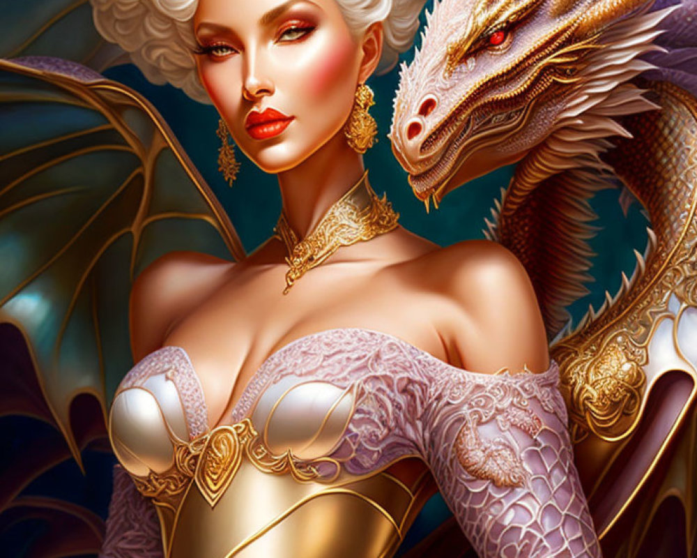 White-haired woman in gold and purple dress with majestic purple dragon.