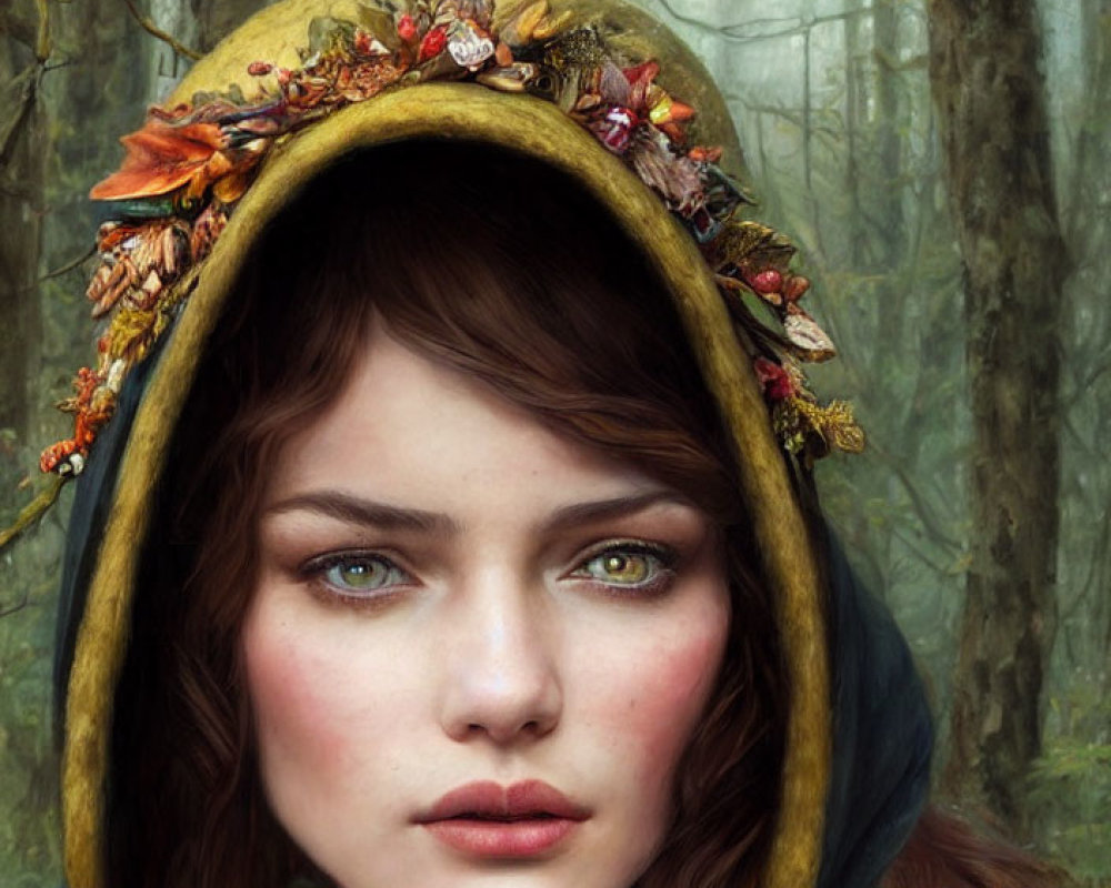 Digital artwork: Young woman with decorative hood, autumn leaves and flowers, in misty forest.