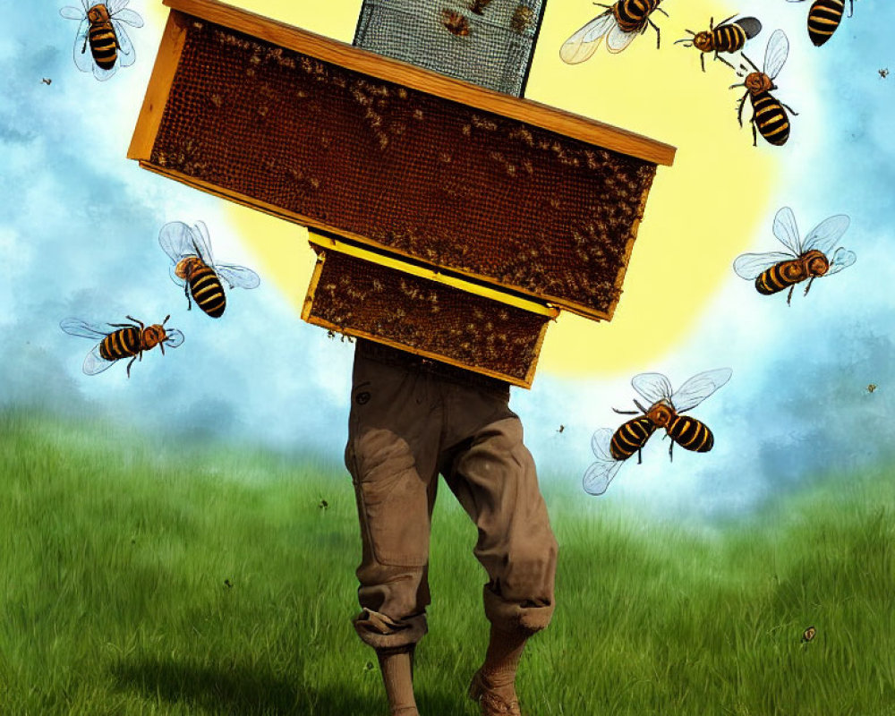 Surreal illustration: person with beehives torso, surrounded by flying bees in grassy field