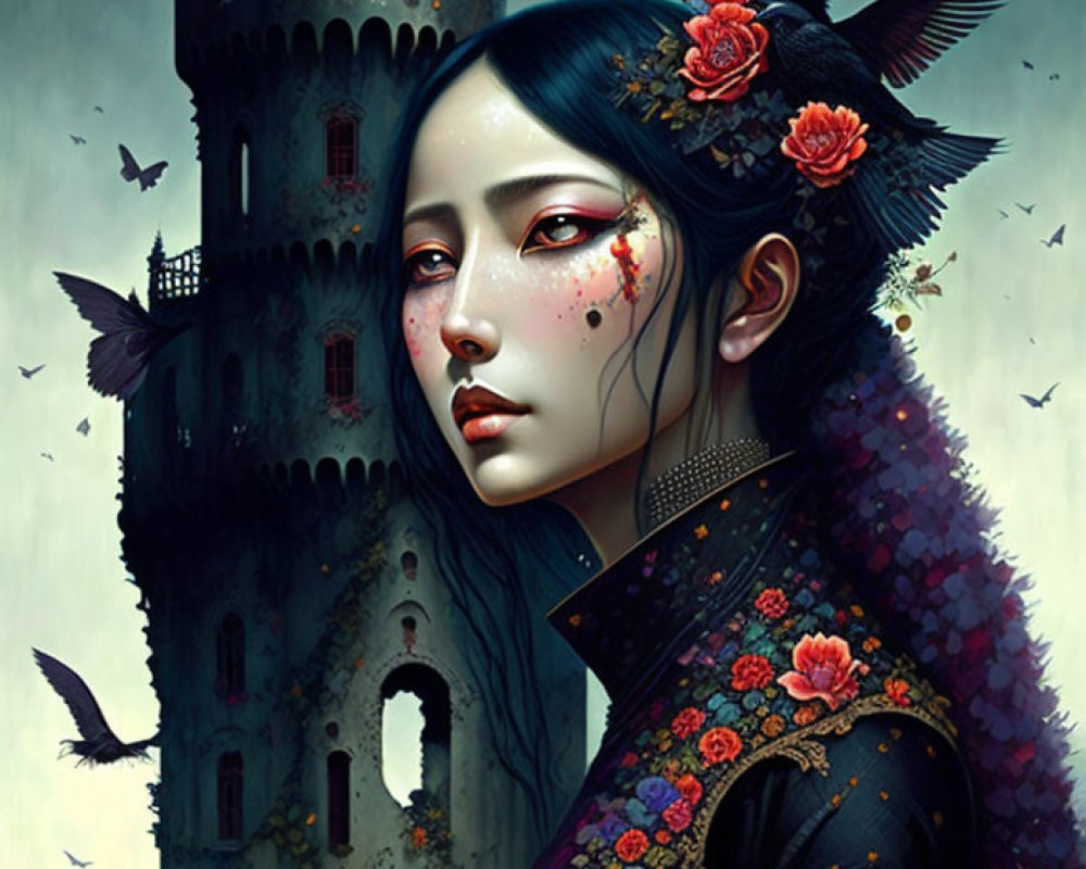 Dark-haired woman with red flowers, raven, castle, and butterflies portrait.