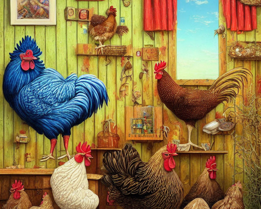 Vibrant chickens in rustic room with decor, knick-knacks, window, and chicken