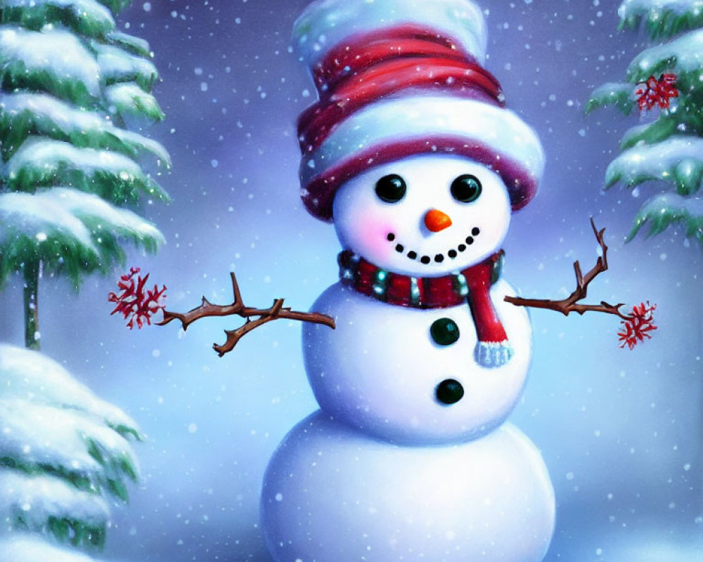 Snowman in Striped Hat and Scarf Surrounded by Falling Snowflakes and Snow-Cover