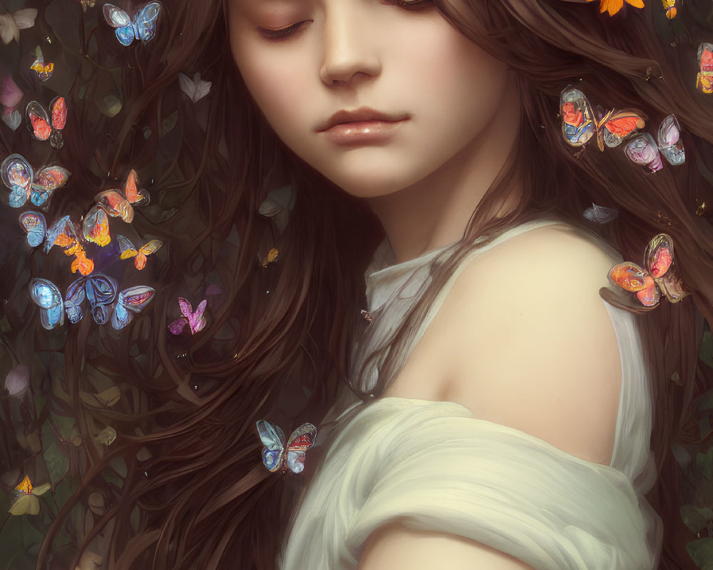 Young Woman with Flowers in Hair Surrounded by Colorful Butterflies