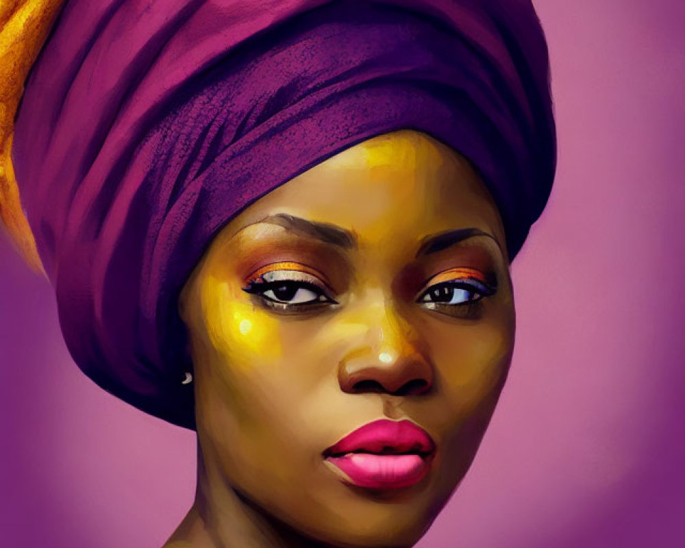 Regal woman portrait in purple headwrap and yellow garment