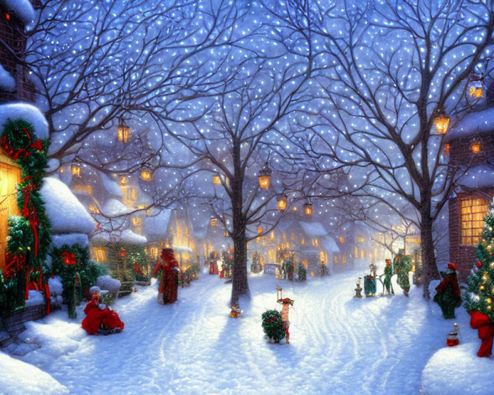 Snowy Night Street Scene: Festive Christmas Decor, Lampposts, Trees, People,