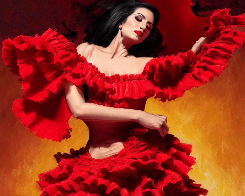 Vibrant red flamenco dress dancer in passionate pose