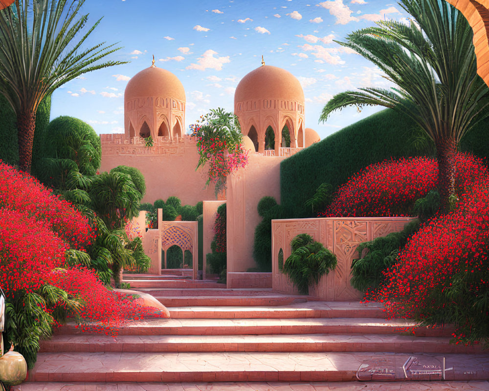 Tranquil courtyard with archways, palm trees, and red flowers