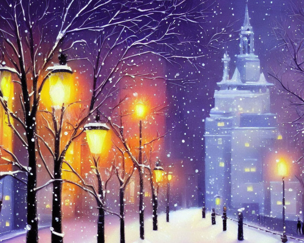 Vibrant snowy evening painting with lit street lamps, bare trees, distant building, purple sky,