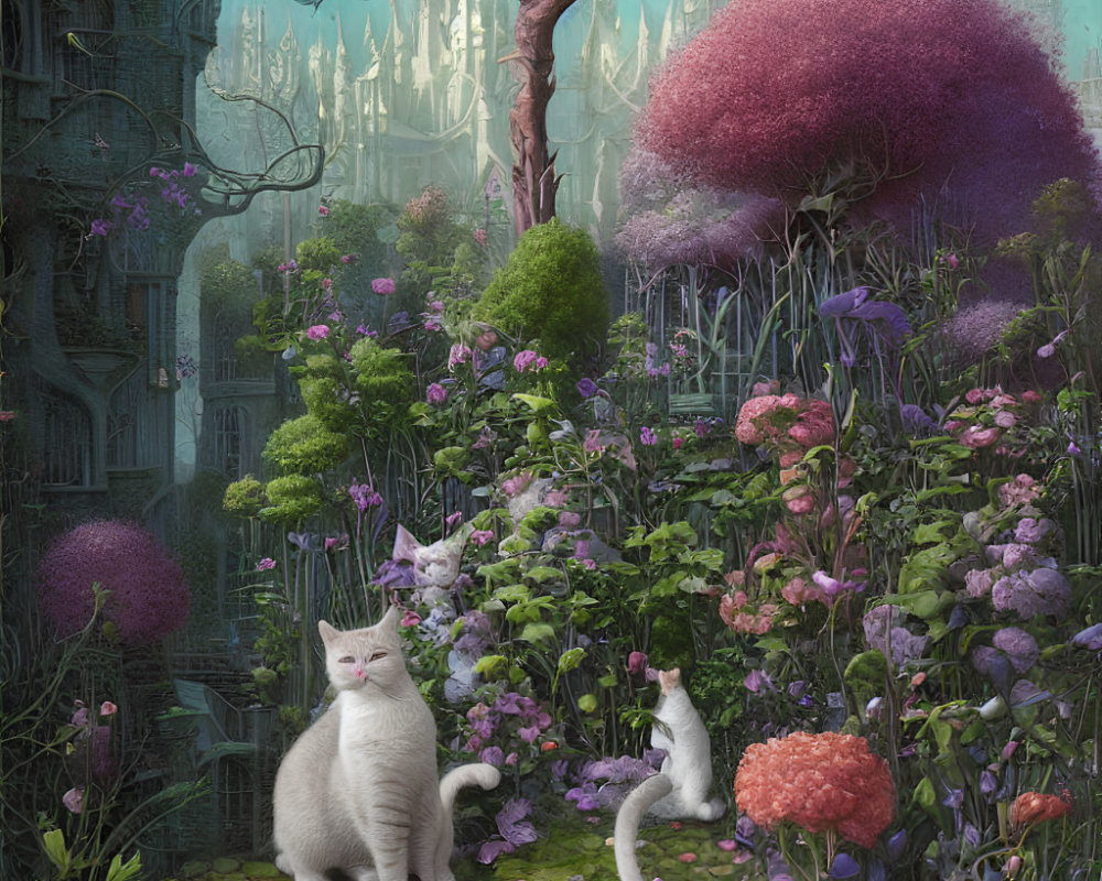 Vibrant Flora and Three White Cats in Fantastical Garden