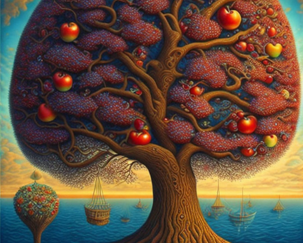 Surreal painting featuring tree with red apples and textured branches in sea landscape.