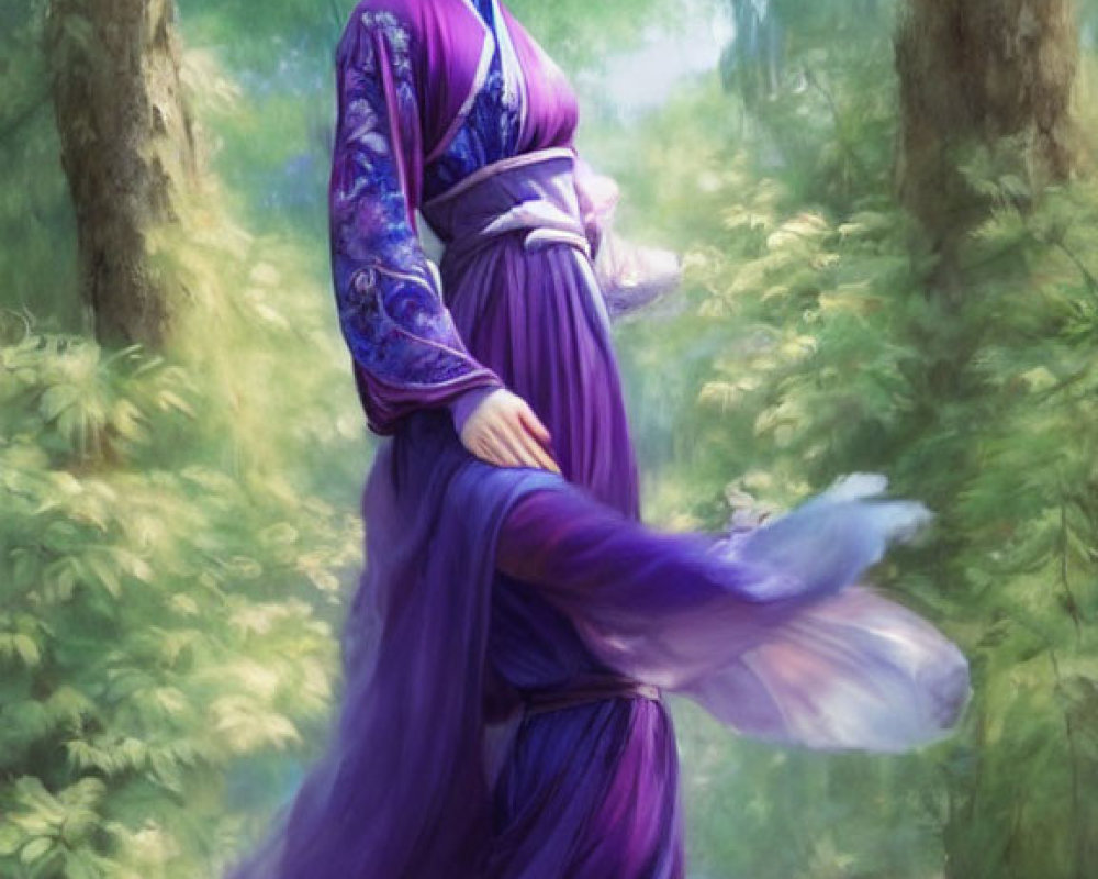 Traditional Purple Attire Woman in Serene Forest Setting