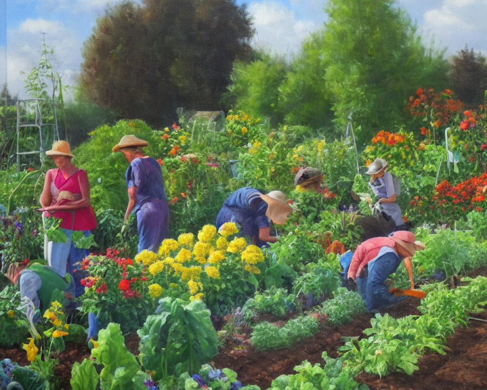 Vibrant garden with flowers and vegetables on a sunny day