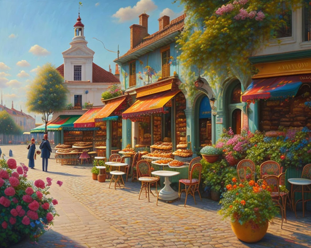 Sunlit Street with Colorful Awnings and Flowers