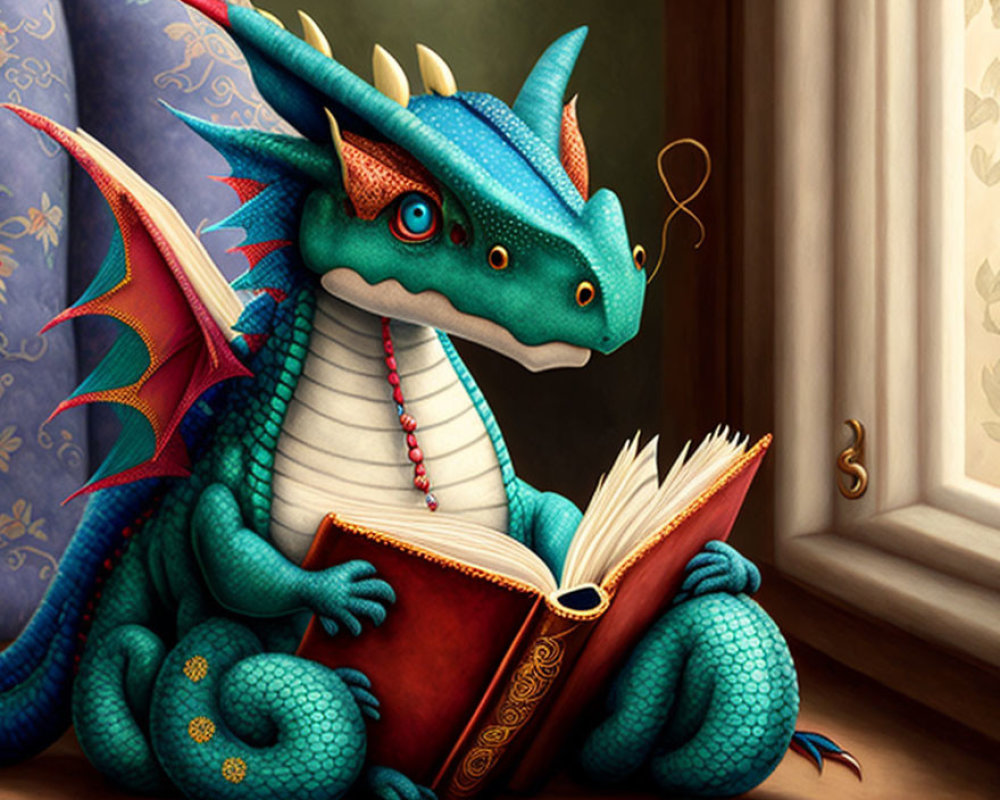 Colorful bespectacled dragon reading book by window with curtains