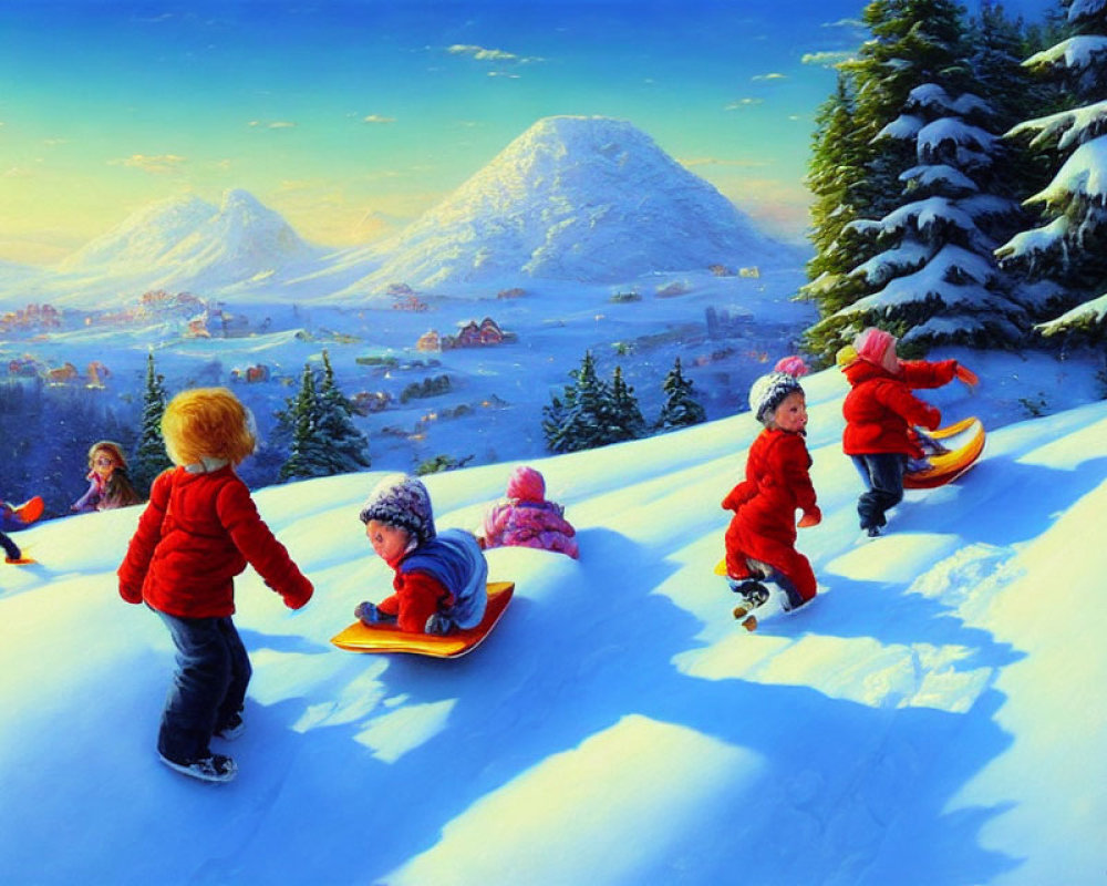 Kids sledding on snowy hill in winter village scenery