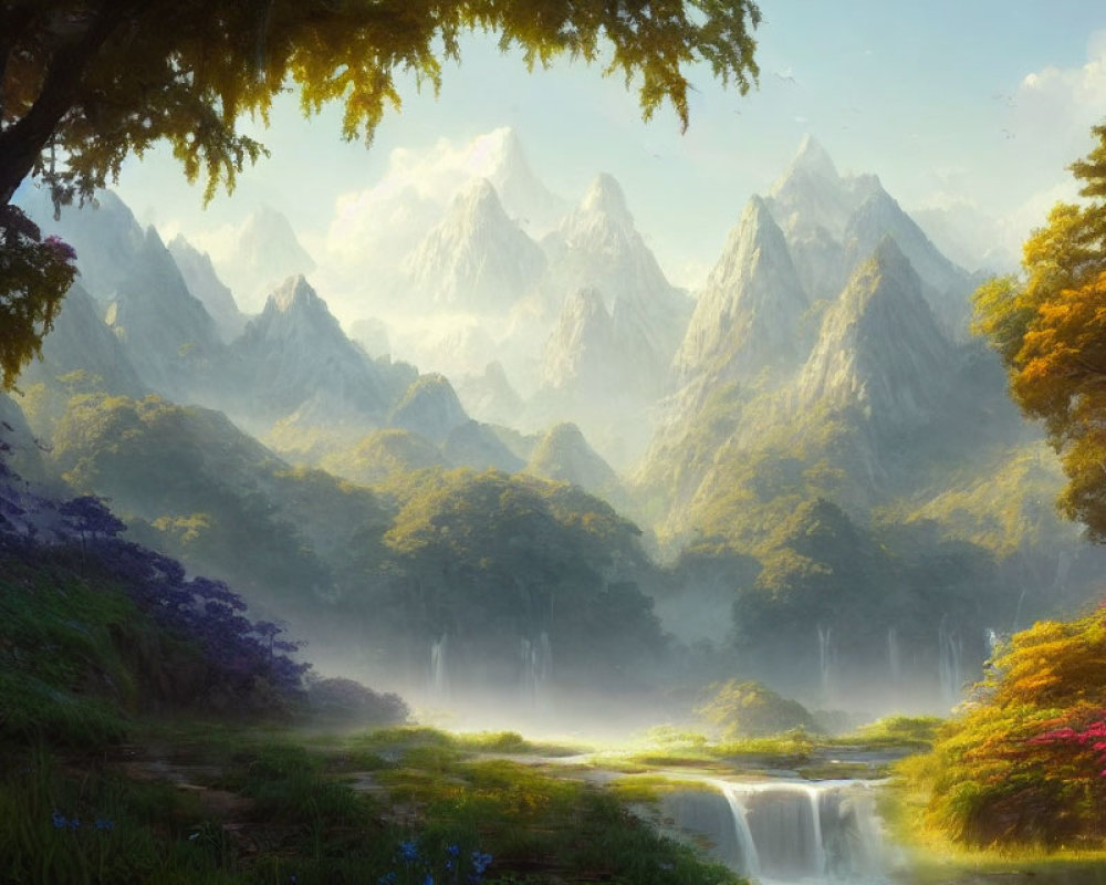 Tranquil landscape with misty waterfalls, lush greenery, vibrant flowers, and towering mountains