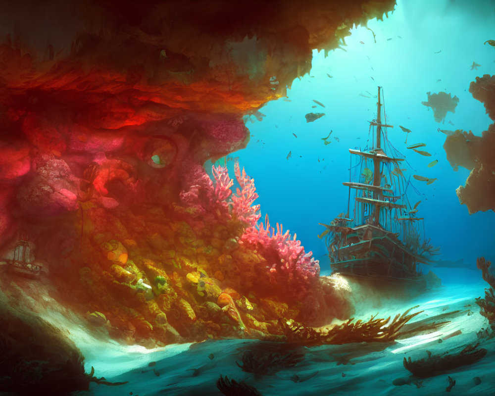 Underwater shipwreck scene with coral, fish, and sunlight