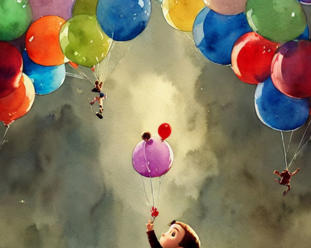 Colorful artwork: child with flower and vibrant balloons in cloudy sky