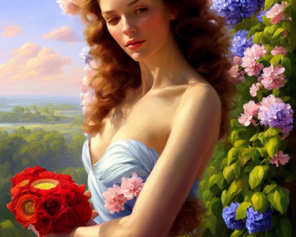 Woman in Blue Dress with Bouquet Surrounded by Hydrangeas in Sunlit Landscape