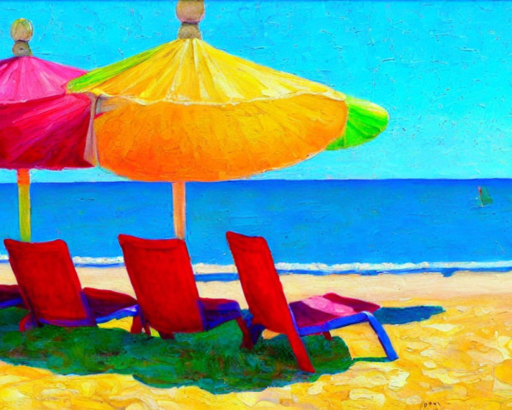 Colorful Beach Scene with Umbrellas, Lounge Chairs, and Sailboat