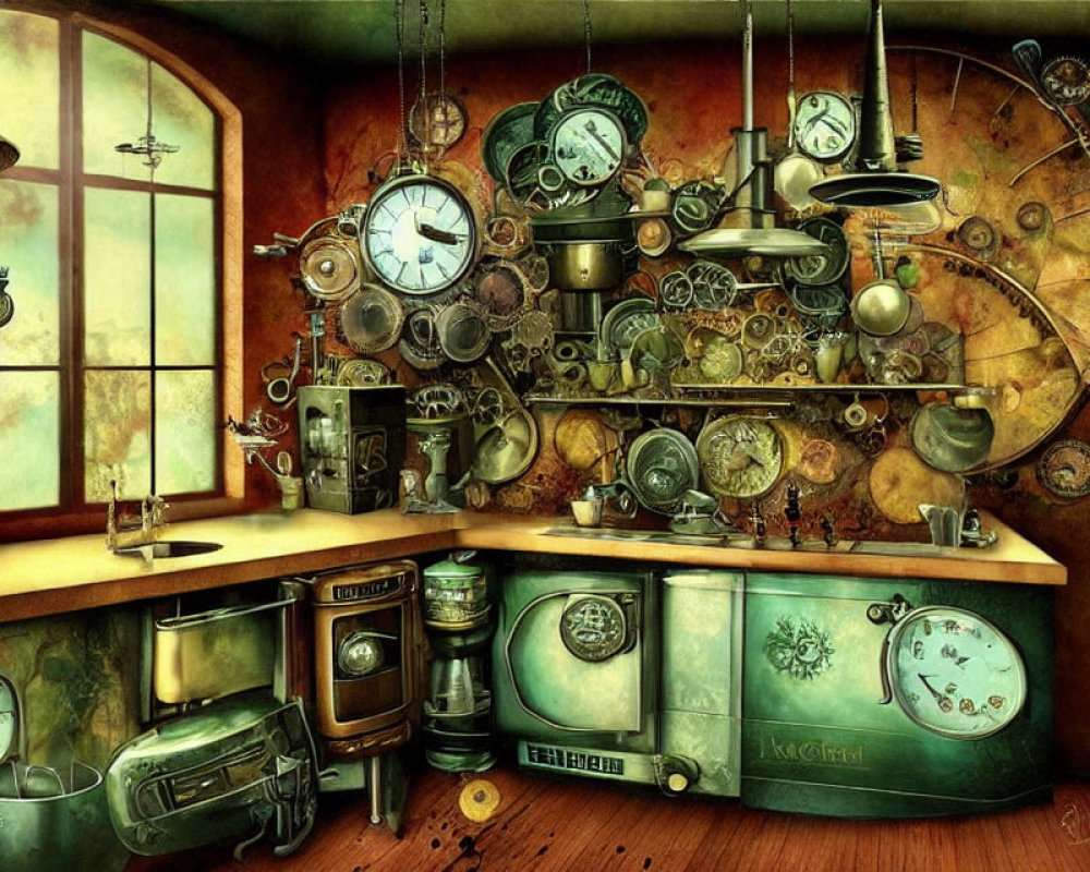 Steampunk-Inspired Kitchen with Clocks, Gears, Vintage Appliances