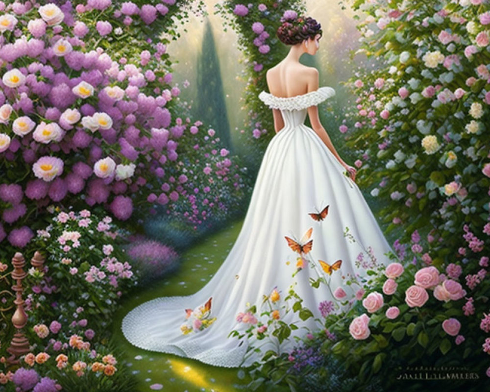 Woman in white gown surrounded by flowers and butterflies in sunlight glow