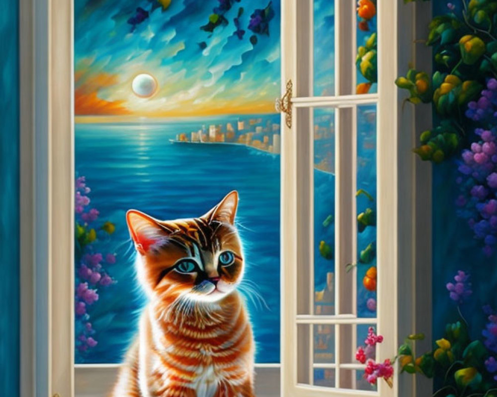 Colorful painting of orange tabby cat on windowsill with coastal cityscape and moonlit sky.