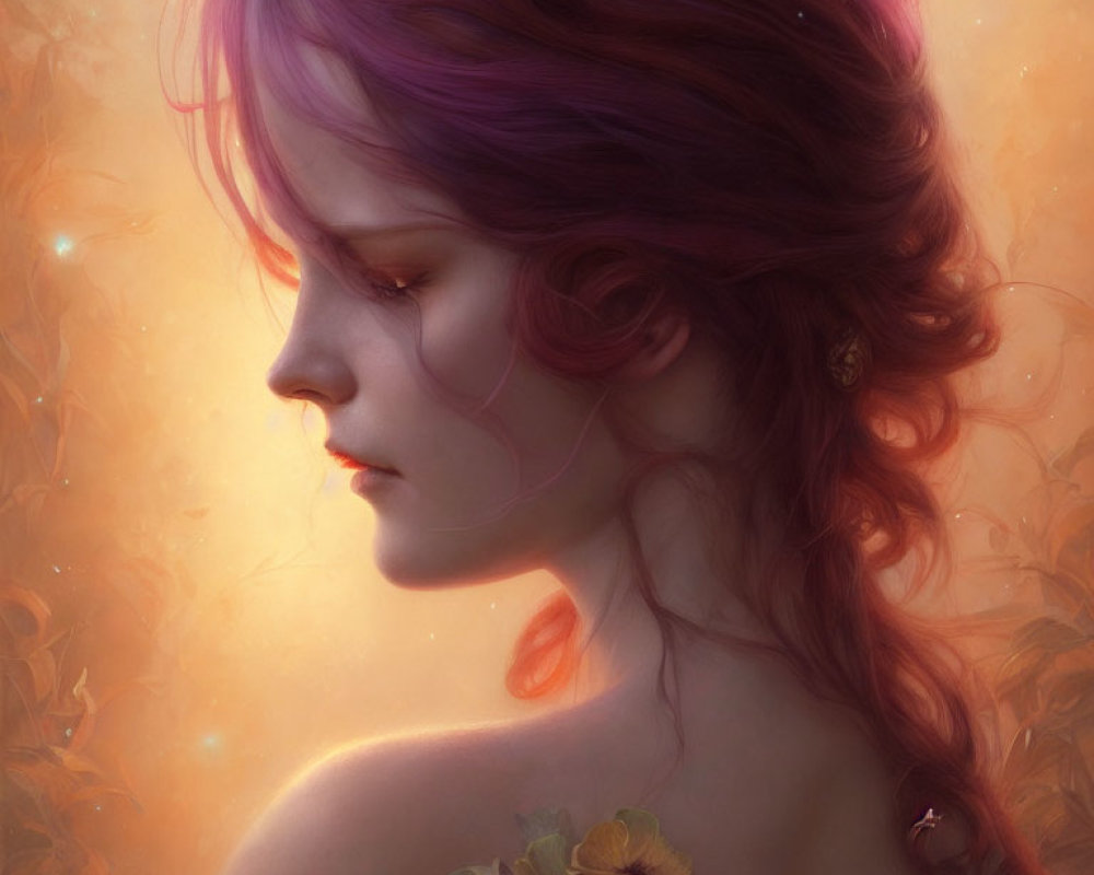 Digital artwork: Woman with purple hair, warm glowing backdrop, flowers, braided hairstyle