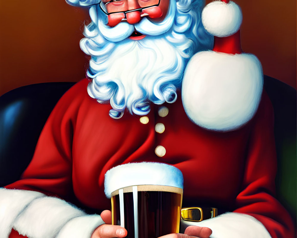 Santa Claus with blue glasses holding beer and espresso cup on warm background