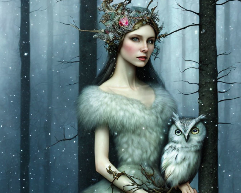 Mystical woman with owl in snowy forest, crowned and fur-clad