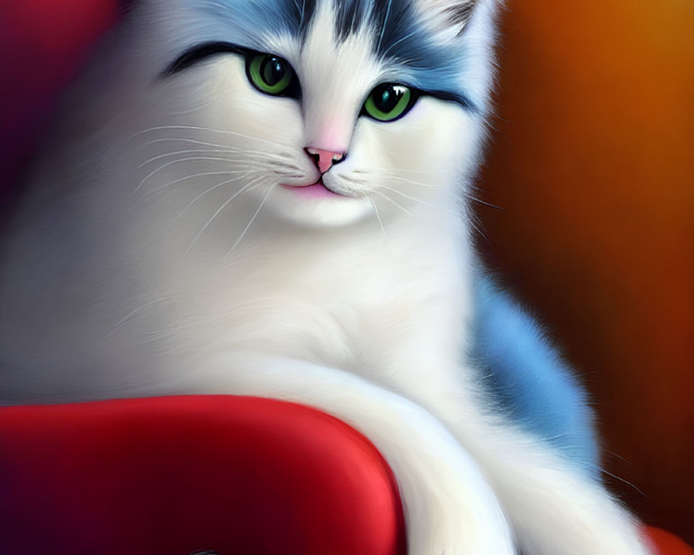 White and grey fluffy cat lounging on red armchair with black cat in shadow