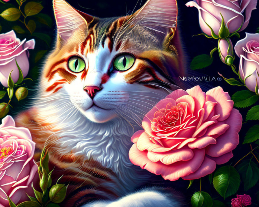 Illustration of striped cat with green eyes among pink roses in serene setting