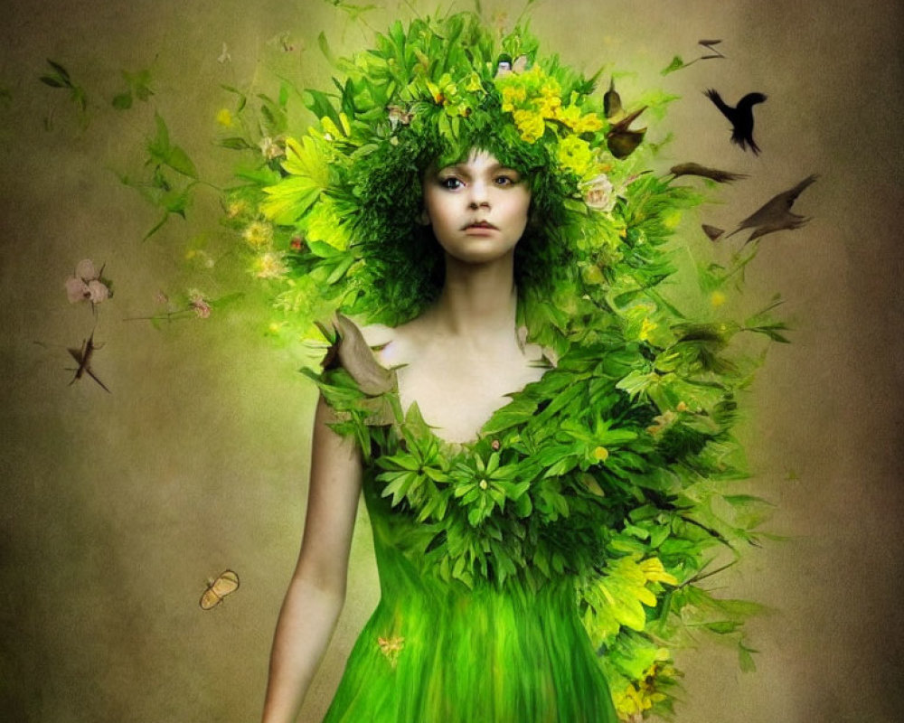 Woman in Vibrant Green Leafy Dress Surrounded by Butterflies and Birds