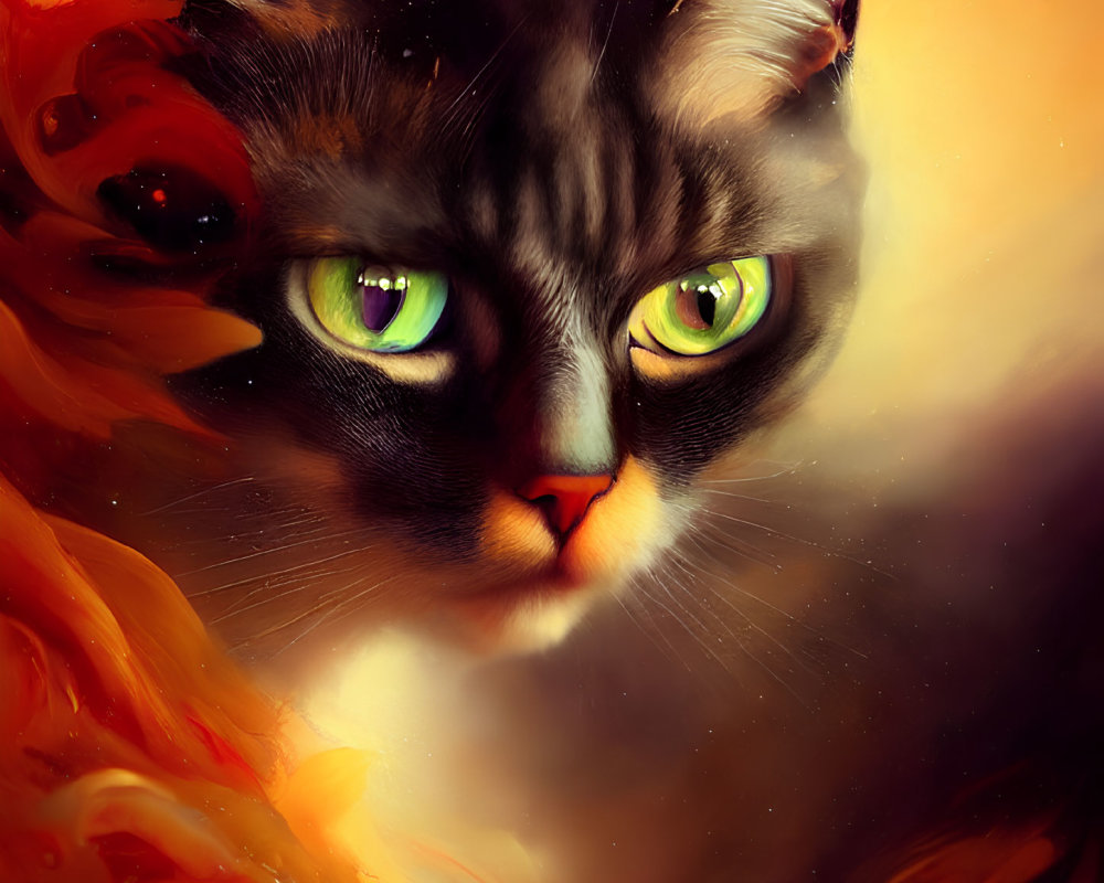 Colorful Digital Art: Cat with Green Eyes in Orange and Yellow Abstract Waves