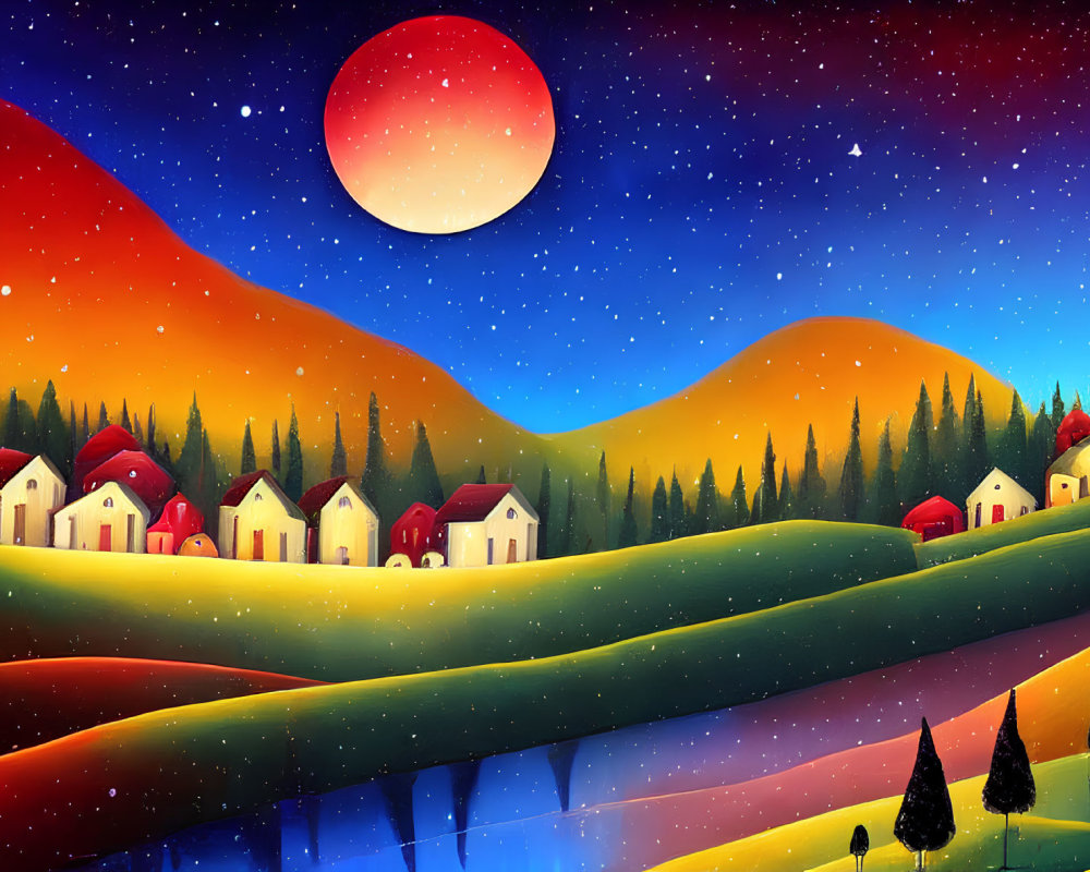 Colorful houses and moon in surreal landscape with stars and reflective lake