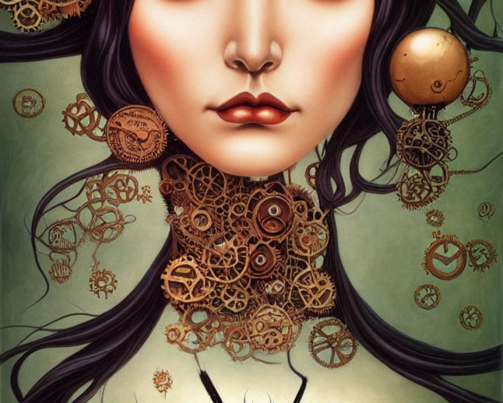 Steampunk-inspired digital artwork of a woman with intricate gear headwear and mechanical spider.