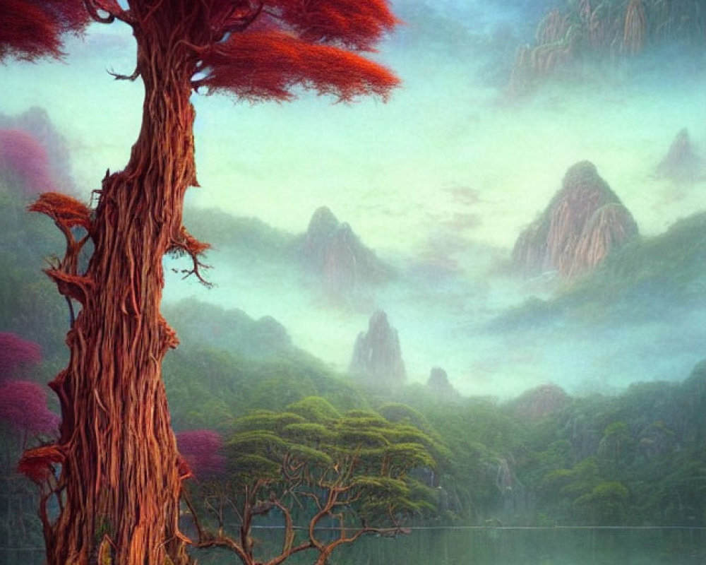 Colorful painting of fantastical landscape with large red tree, serene lake, misty mountains.