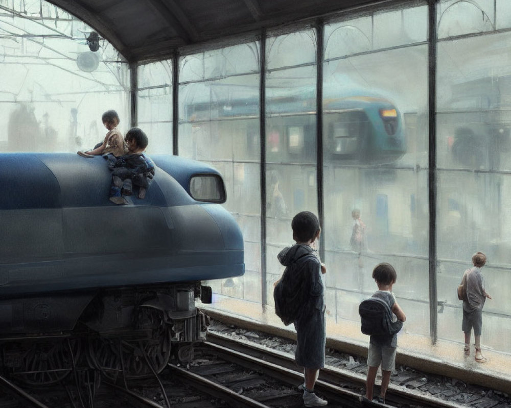 Four children at a train station with train approaching