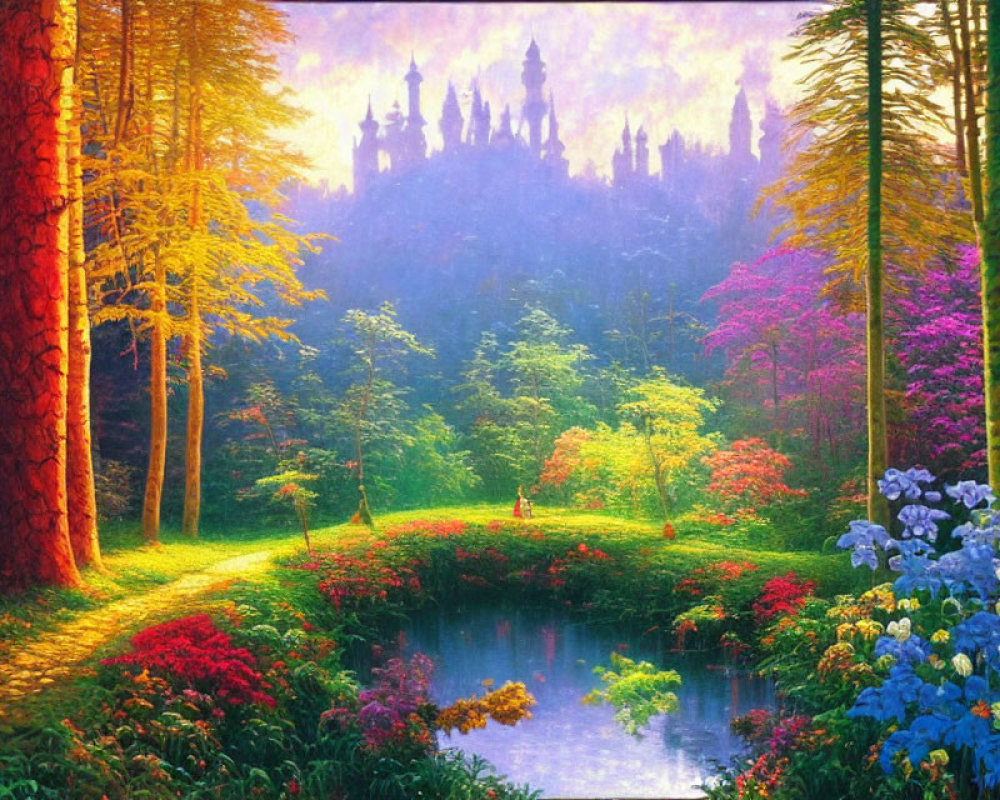 Colorful Forest Scene with Pond, Trees, and Castle Silhouette