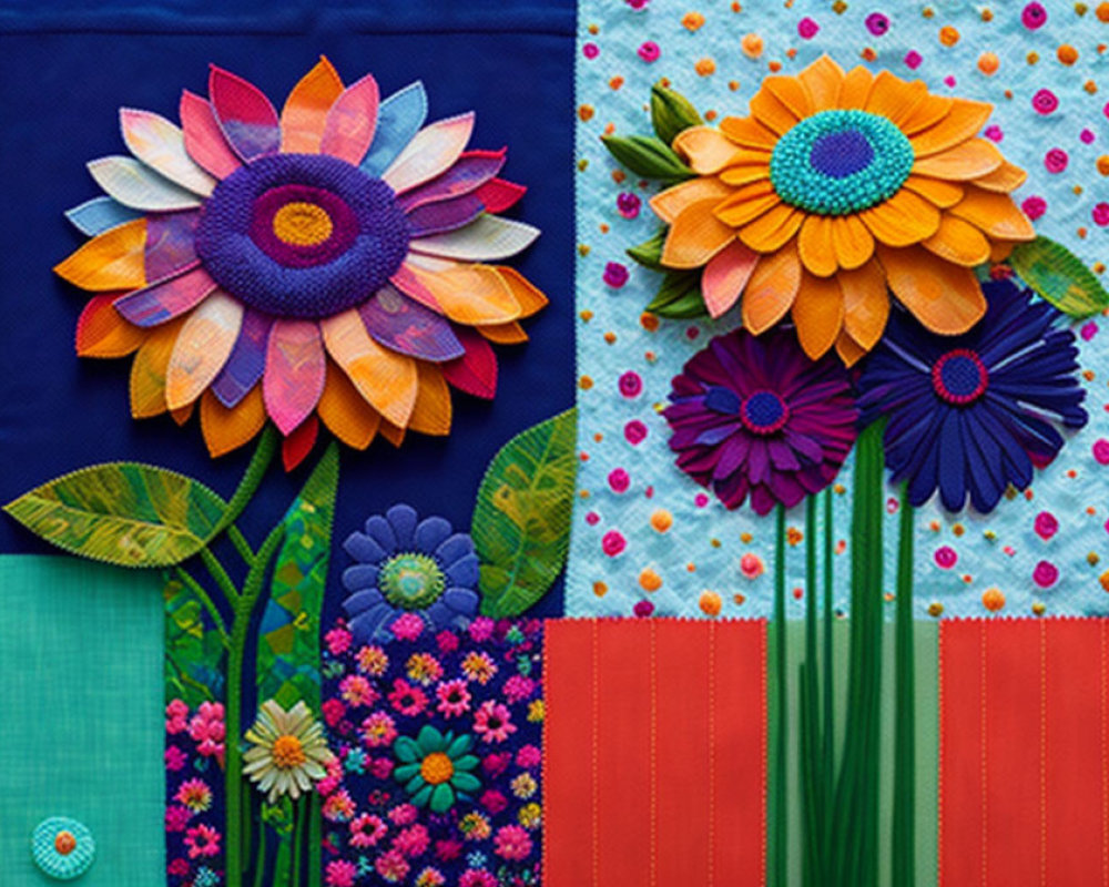 Vibrant textile art: Stylized floral designs on patchwork with button and bead embellishments