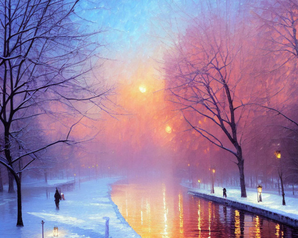 Snowy park at twilight with glowing orange sunset and person walking by canal