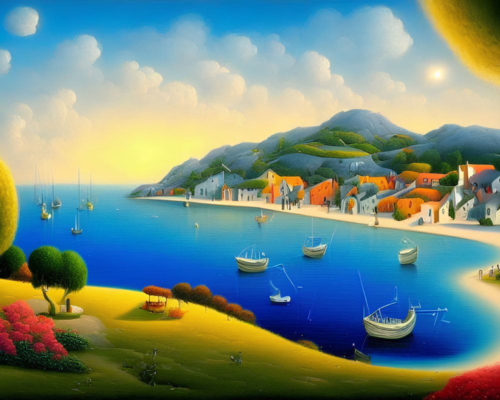 Tranquil coastal village landscape with sailboats, hills, and vibrant sunset