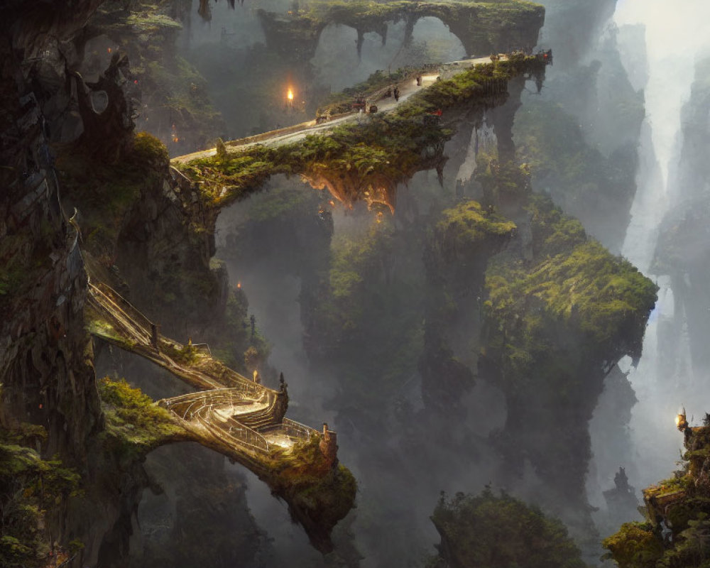 Fantastical landscape with towering cliffs and multi-level bridge system