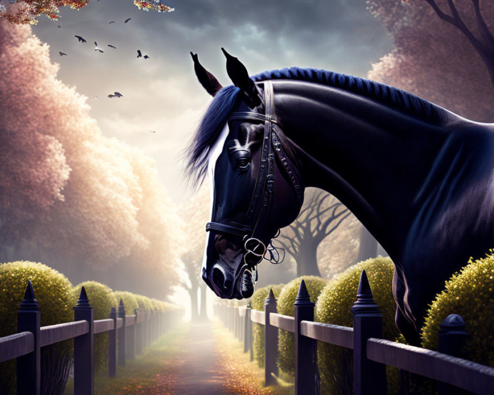 Majestic black horse with bridle near autumn path and trees