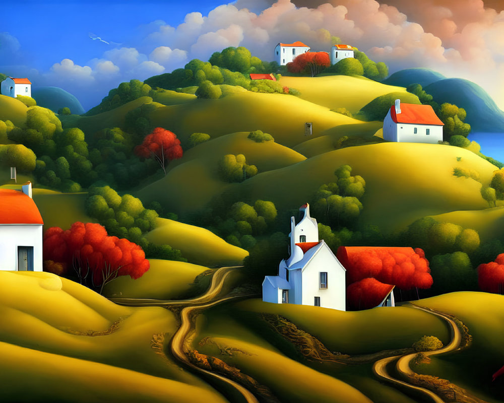 Colorful landscape painting with rolling hills, white houses, red trees, and winding paths under a blue