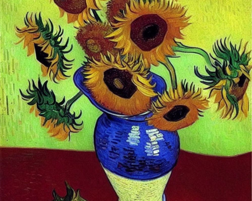 Vibrant sunflowers in a bold, Van Gogh-style vase painting