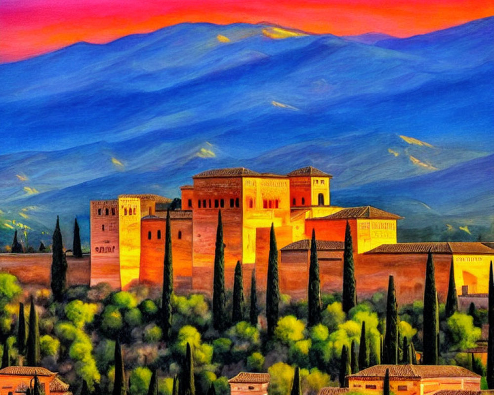 Vibrant painting of Alhambra at twilight with fiery sky and lush greenery