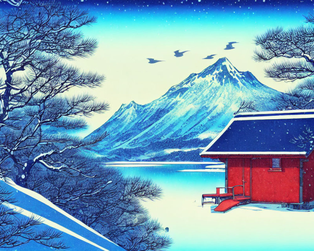 Winter landscape with red cabin, snow-covered trees, mountain, birds, and frozen lake